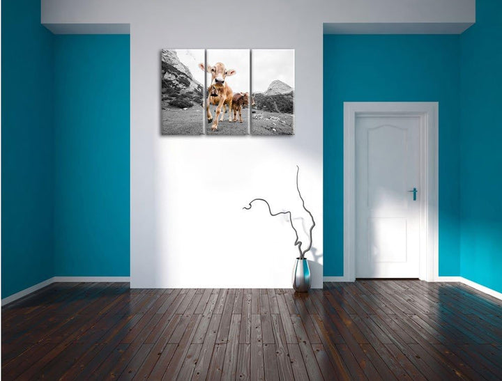 Pixxprint Almkuh auf der Weide als Leinwandbild 3 teilig/Grösse: 3 Teilig (120x80) / Wandbild/Kunstd