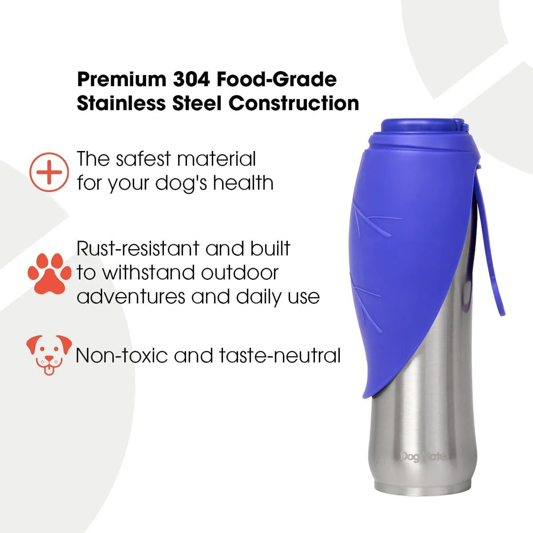 Dog Mate Edelstahl-Reiseflasche für Hunde – Tragbare Wasserflasche mit angebauter Trinkschale