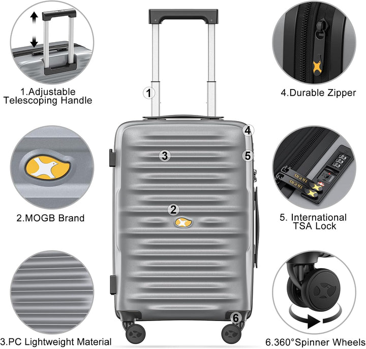 MGOB Koffer Handgepäck Hartschalen Trolley Polycarbonat Leicht Reisekoffer mit TSA-Schloss, 55x36x21