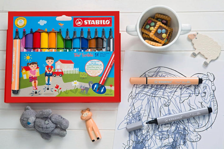Gefederter Dreikant-Filzstift - STABILO Trio Scribbi - 14er Pack - mit 14 verschiedenen Farben, 14er