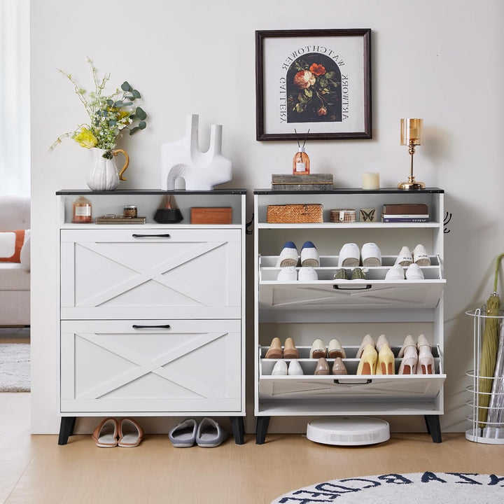 LELELINKY Schuhschrank mit 2 Klapp-Schubladen – Landhaus weiss Schuhorganizer für Flur – Schmaler Sc