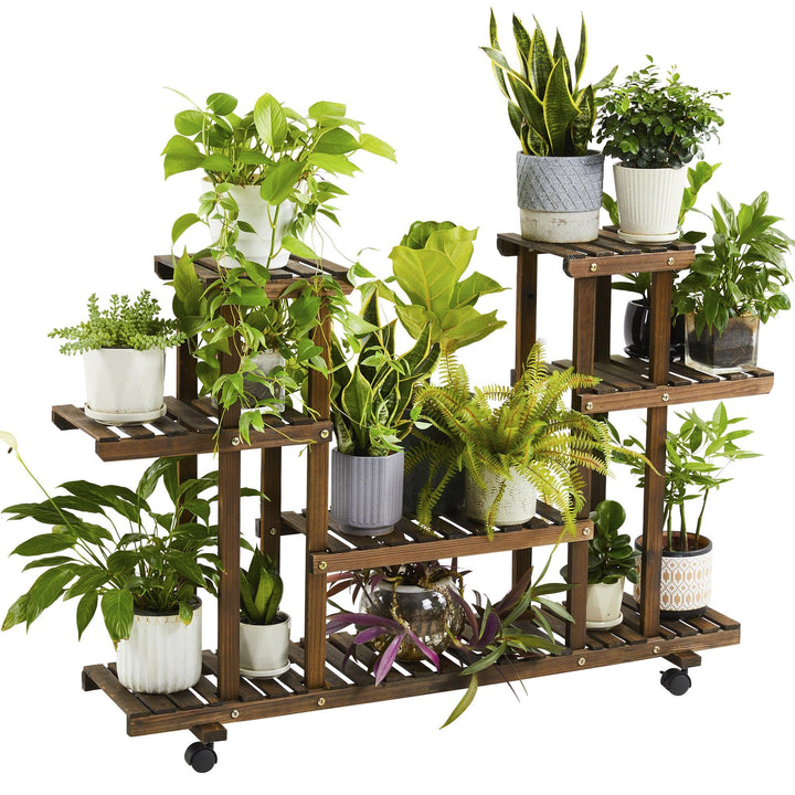 Yaheetech Pflanzenregal mit Rädern, Vierstufiges Blumenregal Balkon, Blumenständer, Blumentreppe, Ma