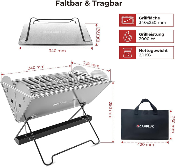 CAMPLUX Faltbarer Campinggrill Gas für Outdoor Reisen, 2 kW, FoldGo FG14GS