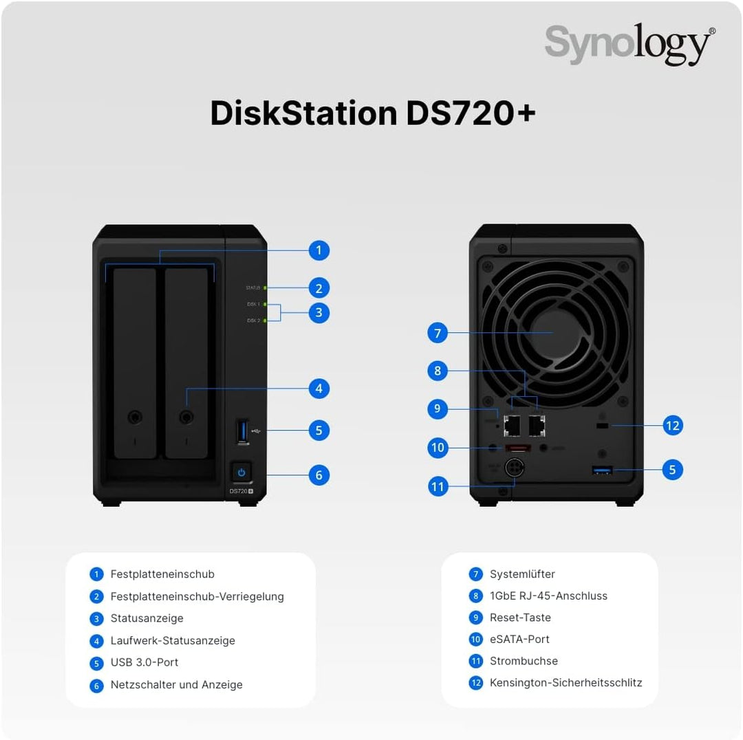 Synology DS720+ 12TB 2 Bay Desktop NAS System, installiert mit 2 x 6TB Western Digital Red Festplatt