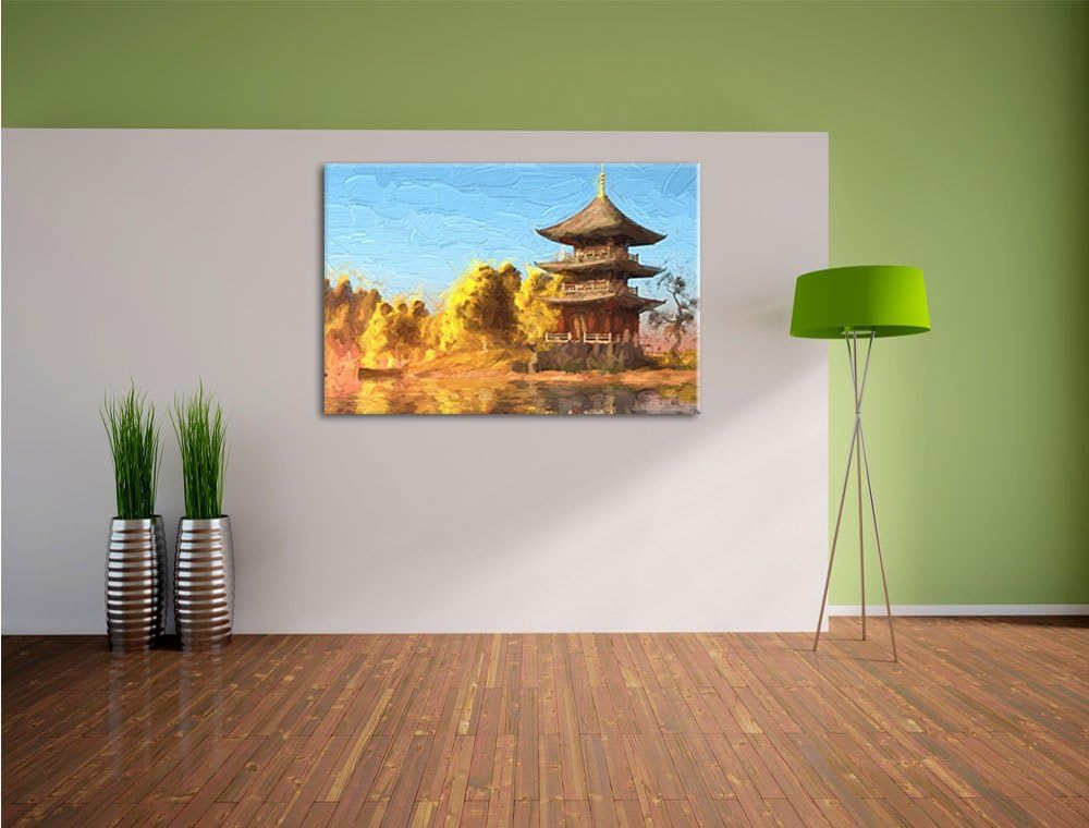 Pixxprint prachtvoller asiatischer Tempel an See Kunst Pinsel Effekt, Format: 100x70 auf Leinwand, 1