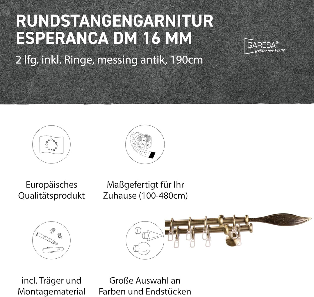 Garesa Gardinenstange Esperanca Ø 16mm, 2-läufig, Messing, antik I Rustikale Vorhangstange inkl. Rin