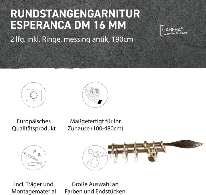Garesa Gardinenstange Esperanca Ø 16mm, 2-läufig, Messing, antik I Rustikale Vorhangstange inkl. Rin