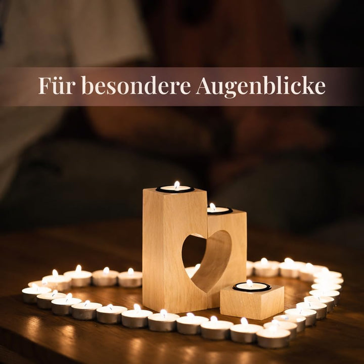 Plogis Herz Teelichthalter aus Holz -Set aus 3 Dekorativen Kerzenständern | Herz Deko & Romantische