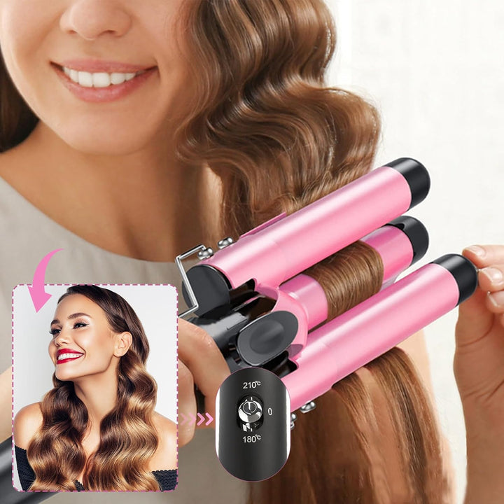 Lockenstab 3 Fässer Welleneisen,22mm Grosse Welleneisen für Haare Beach Waves Lockenwickler,Turmalin
