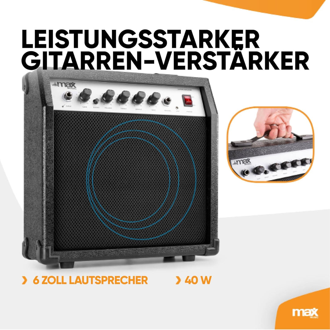 Max GigKit E Gitarre Set, E Guitar, Elektrogitarre mit Verstärker 40 Watt, Gitarrentasche, Plektrum,