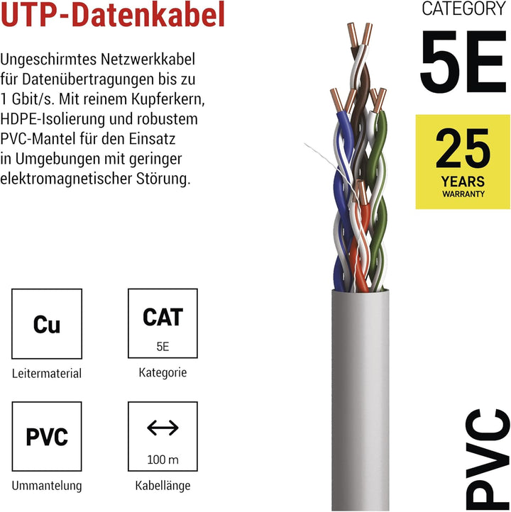 EMOS - UTP Netzwerkkabel CAT 5e, 100m, PVC - CAT5e-Patchkabel UTP - Cu-Draht- Gigabit LAN Kabel - un