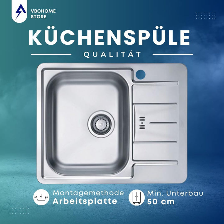 VBChome Spülbecken 61 x 50 cm EDELSTAHL Einbauspüle mit Hahnloch Küchenspüle - Satinstruktur Alveus