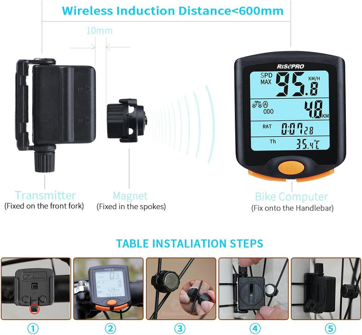 Risepro Kabelloser Fahrradcomputer, wasserdicht, Multifunktions-Fahrradcomputer mit hintergrundbeleu