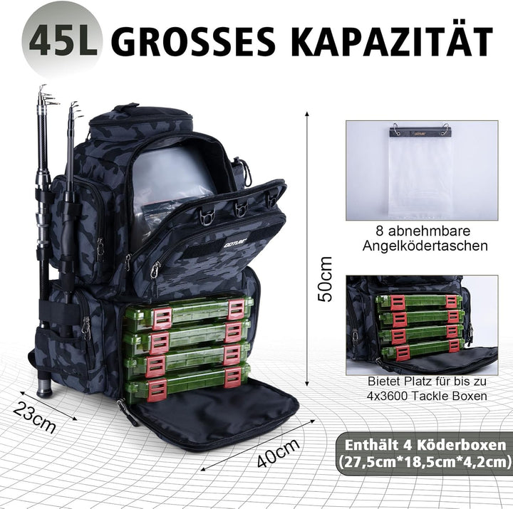 Goture Angelrucksack mit 4 Köderbox Angeln, 45-Liter Angelzubehör-Rucksack mit Zwei Rutenhaltern und