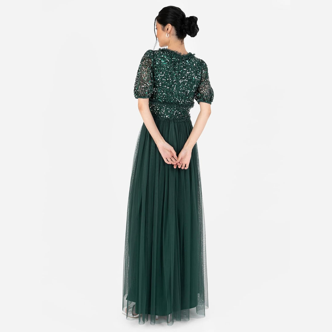 Maya Deluxe Damen Women's Maxi Dress Ladies V-Neck Short Sleeve Sequin Embellished Tulle Ruffle for
