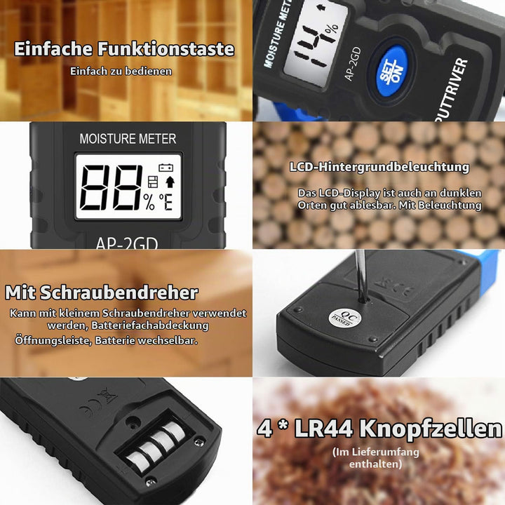 Digitaler Feuchtigkeitsmessgerät, Pin-Typ Vochtmeters Vochtindicator Feuchteindikator Holzfeuchtemes