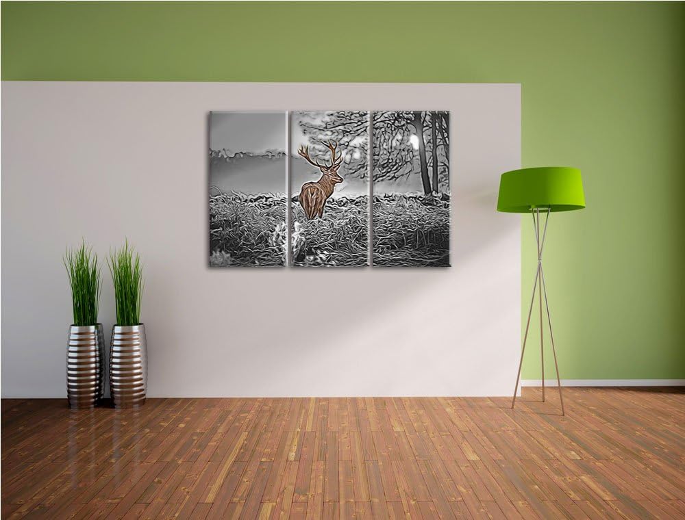 stolzer Hirsch im Wald3-Teiler Leinwandbild 120x80 Bild auf Leinwand, XXL riesige Bilder fertig gera