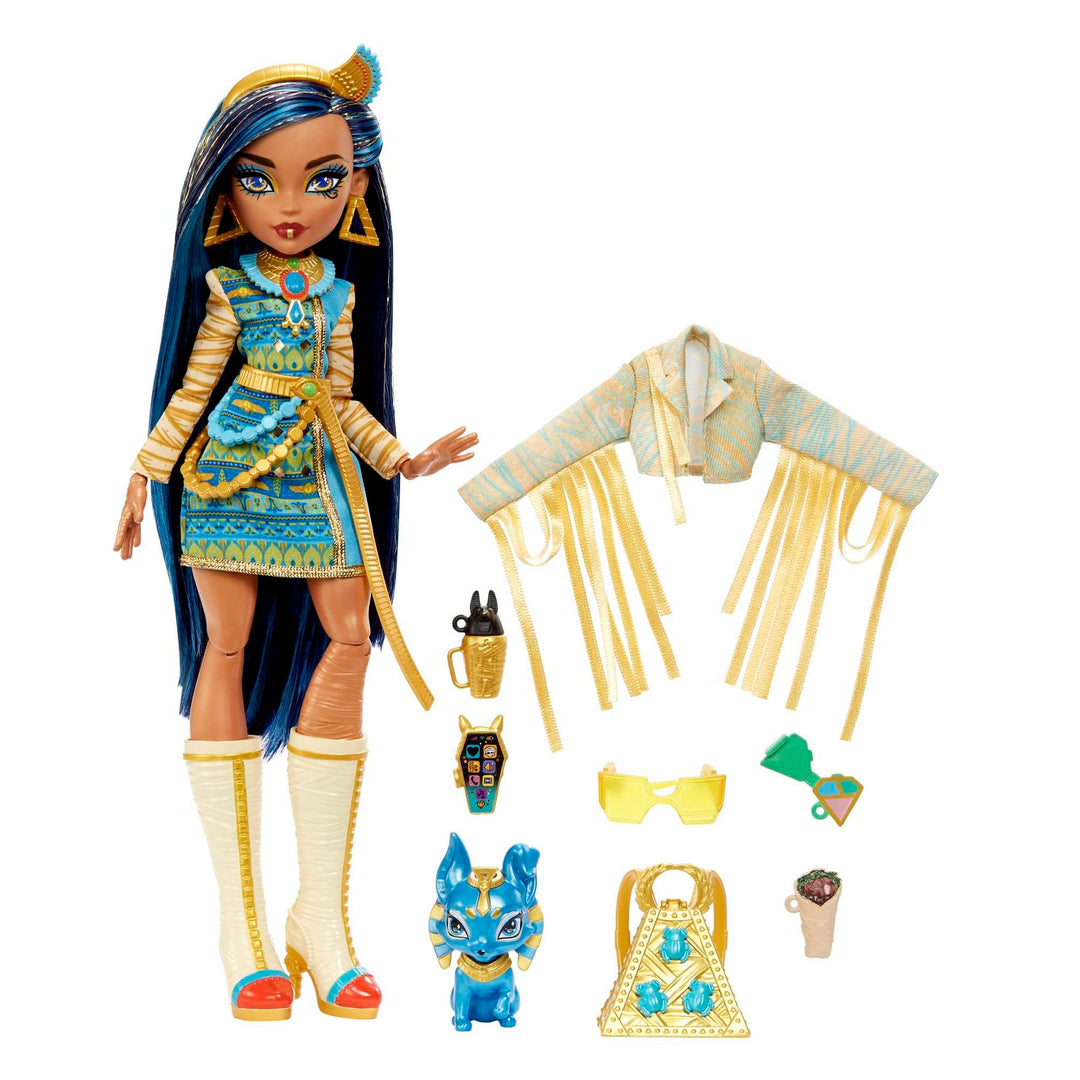 Monster High Cleo de Nile Puppe, Mummie Modepuppe, Königliches Outfit, Killerstiefel, Pyramidenrucks