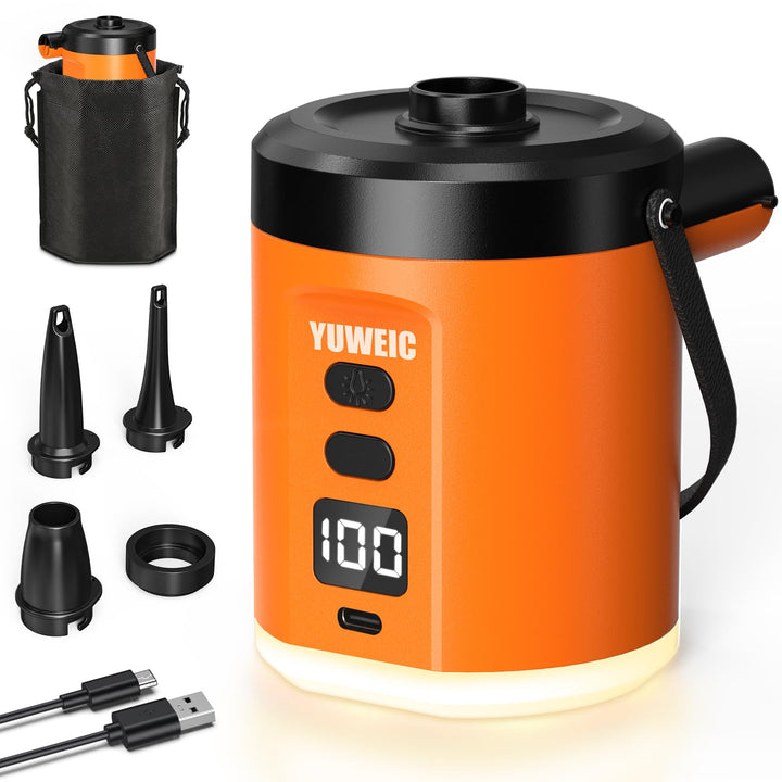 Elektrische Luftpumpe mit 5000-mAh-Akku, tragbare Luftpumpe mit 3 Düsen, inklusive Campinglampe, ele
