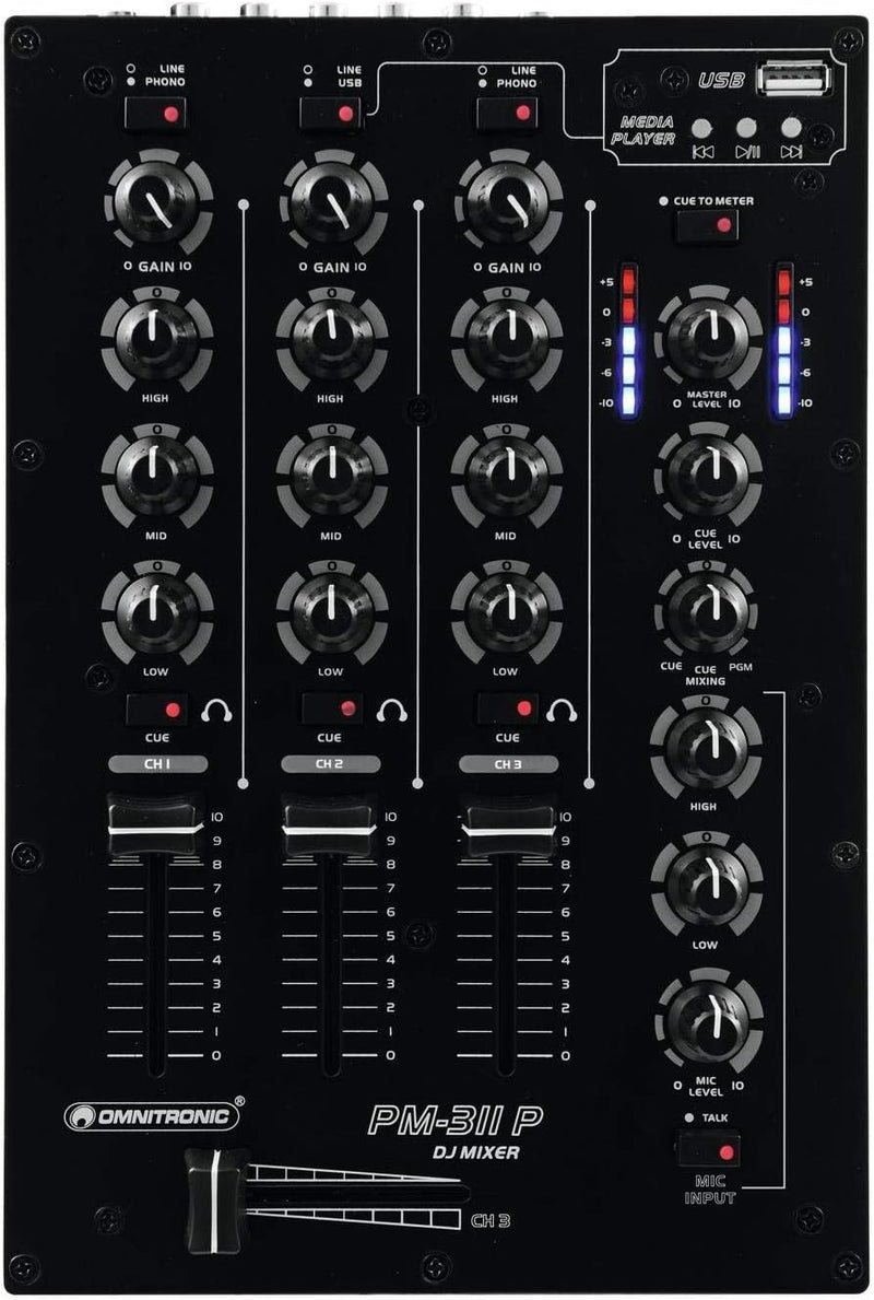 Omnitronic PM-311 P 3-Kanal-DJ-Mixer mit integriertem MP3-Player | DJ-Mikrofoneingang mit Talkover-S