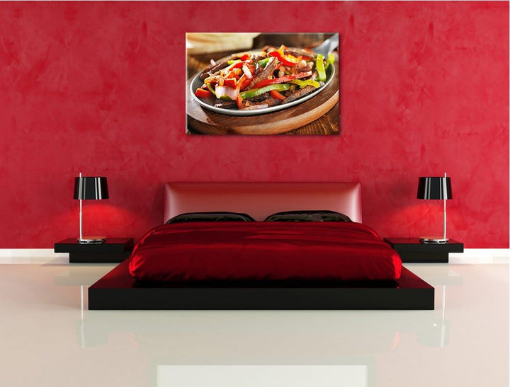 Fleischpfanne mit Paprika Format: 100x70 auf Leinwand, XXL riesige Bilder fertig gerahmt mit Keilrah