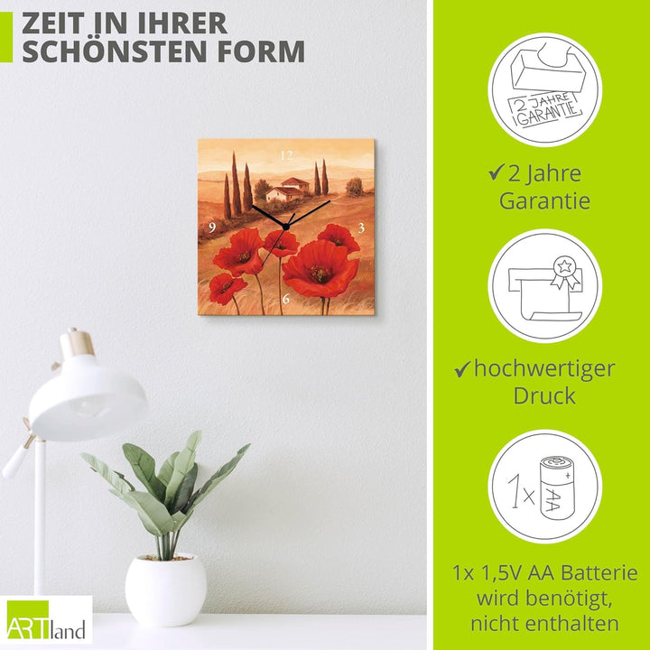 ARTLAND Wanduhr ohne Tickgeräusche Leinwand Quarzuhr 30x30 cm Quadratisch Lautlos Toskana Landschaft