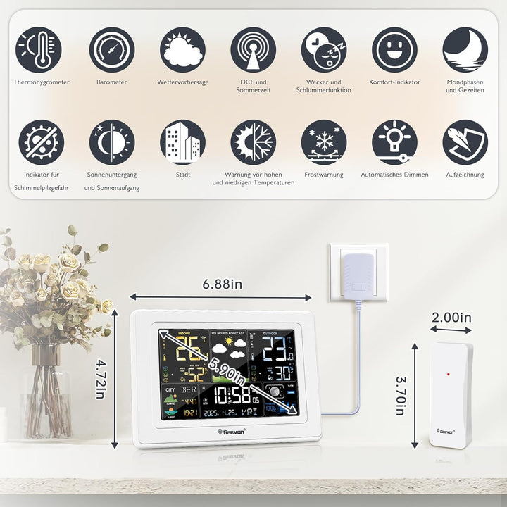 Geevon Wetterstation mit DCF Funkaussensensor, Farb VA Display, Wettervorhersage und Komfortanzeige,