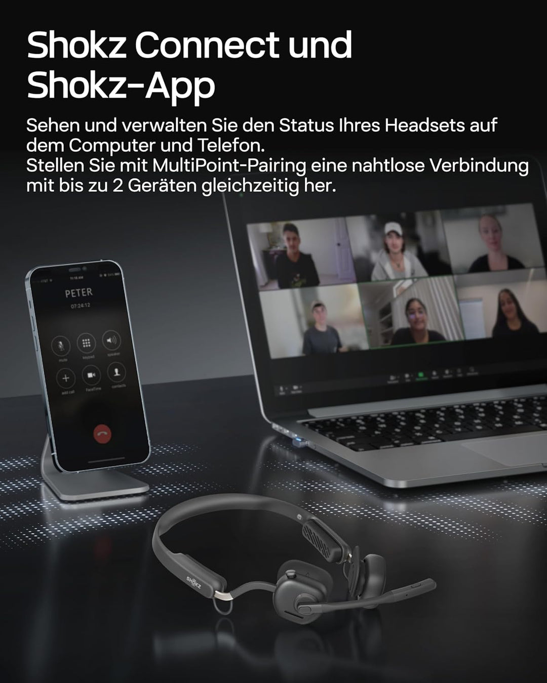 SHOKZ OpenMeet UC Knochenleitungs-Headset mit USB-A-Adapter, Open-Ear-Bluetooth-Kopfhörer mit Geräus