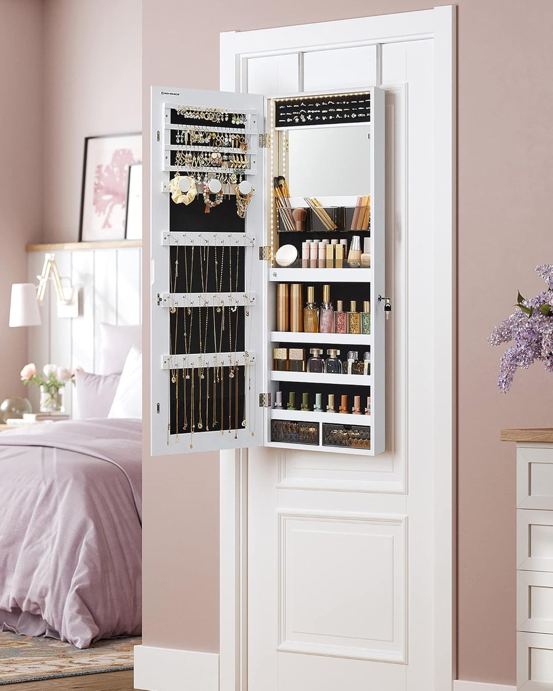 SONGMICS Schmuckschrank, Wandmontage, Organizer mit LED-Lichtern, Aufbewahrungsschrank, mit rahmenlo