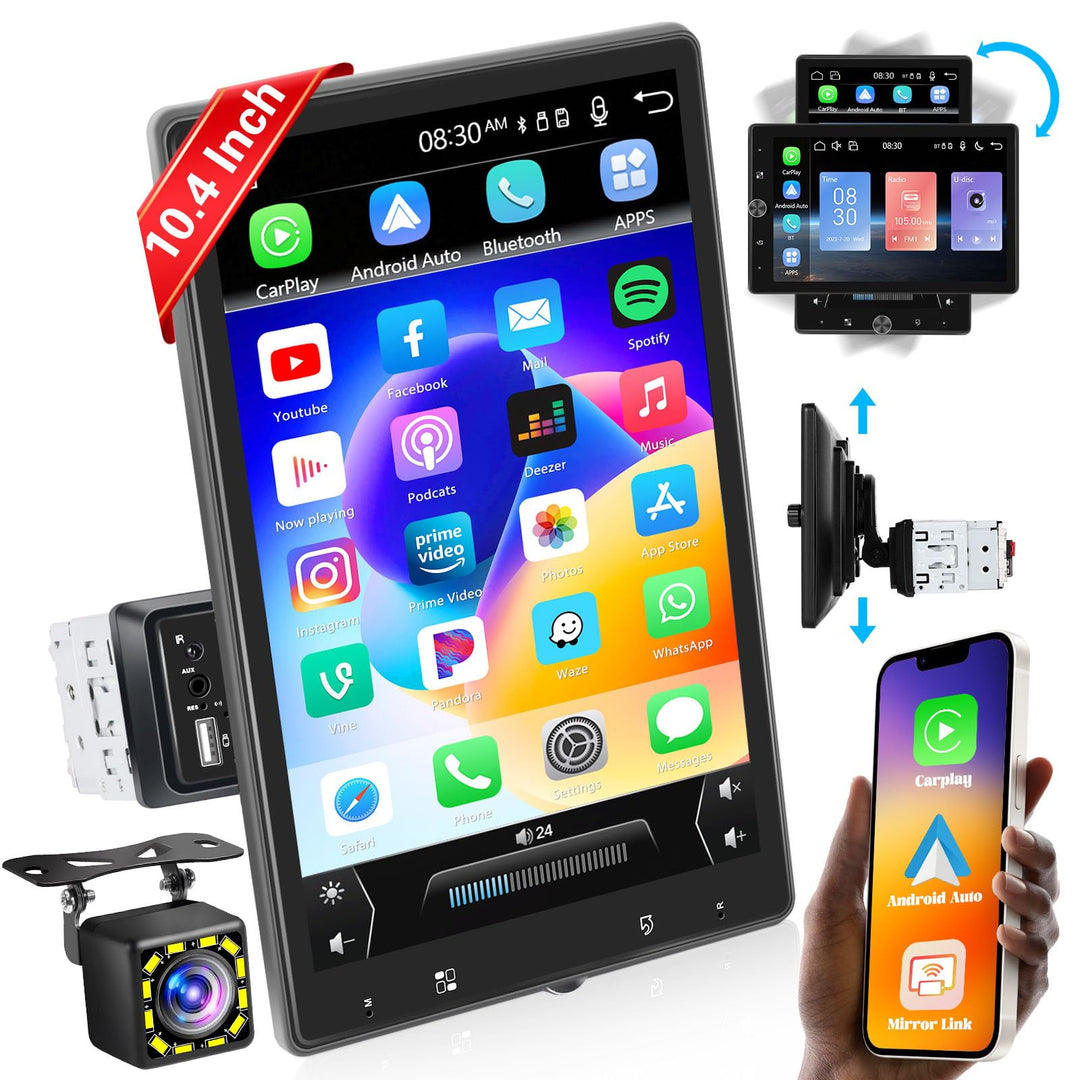 Hikity 1 Din Apple CarPlay Autoradio mit Bildschirm Gedreht Android Auto Radio mit 10,4 Zoll Touch D