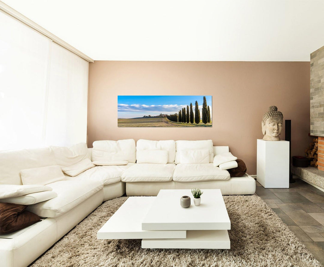 Paul Sinus Art Panoramabild auf Leinwand und Keilrahmen 150x50cm Italien Toskana Landschaft Zypresse