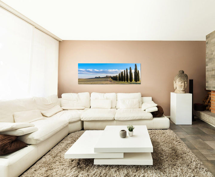 Paul Sinus Art Panoramabild auf Leinwand und Keilrahmen 150x50cm Italien Toskana Landschaft Zypresse