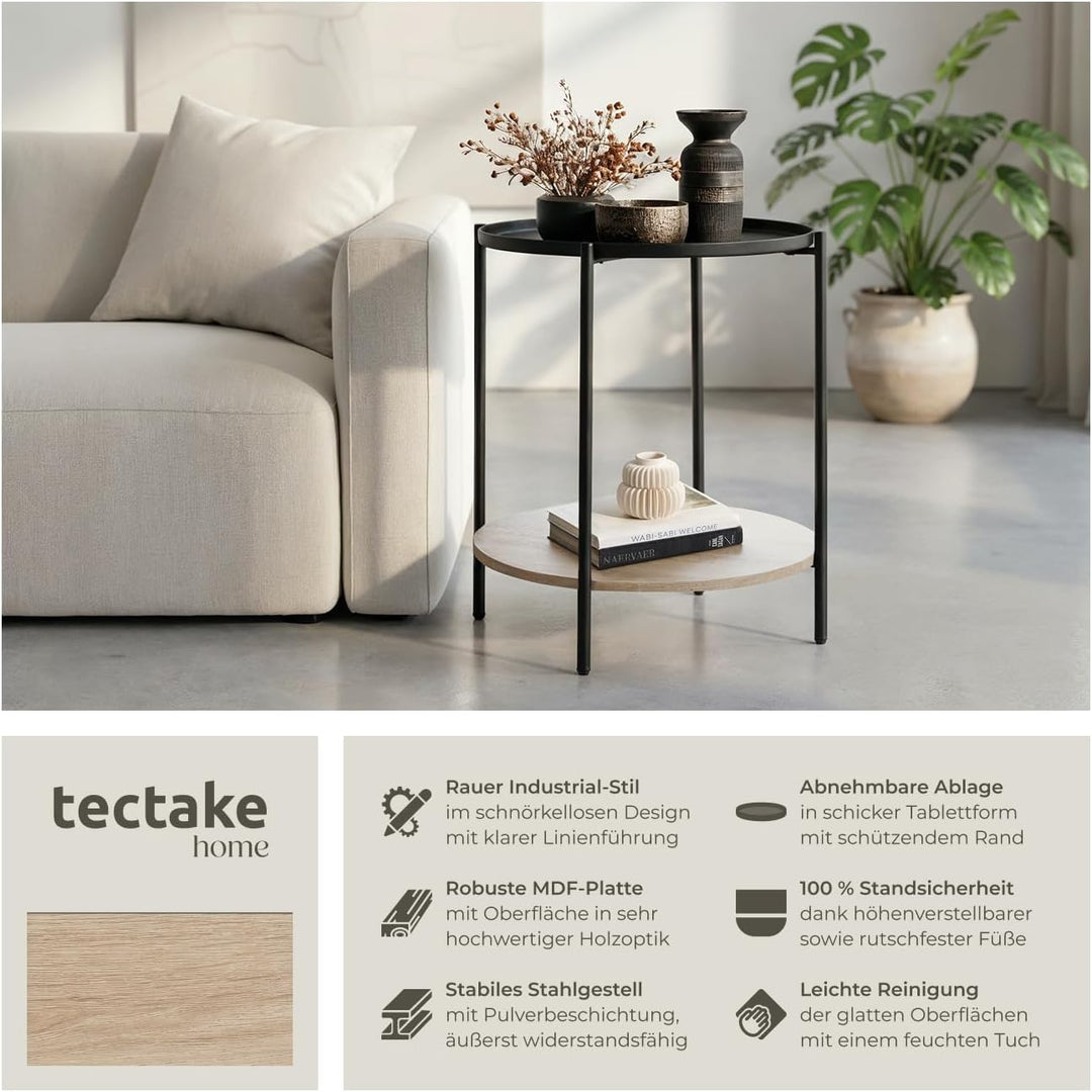 tectake® Beistelltisch rund, Nachttisch Metall und Holz, Couchtisch rund mit Stauraum auf 2 Ebenen,