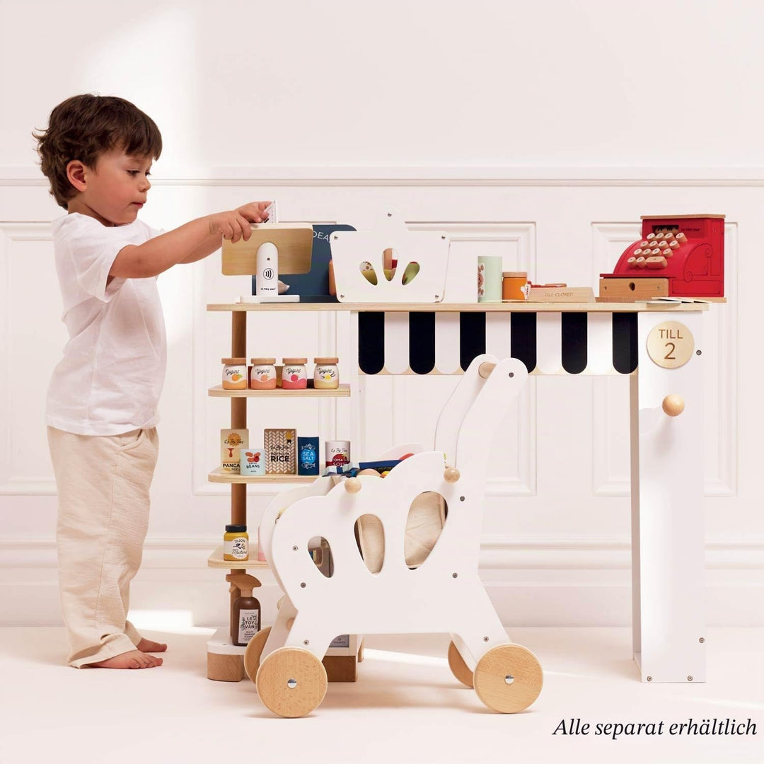 Le Toy Van - TV326 - Einkaufskorb- und Scanner-Lernspiel aus Holz, für Kinder ab 2 Jahren, 13 Zubehö
