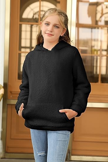 Runcati Pullover Mädchen Kapuzenpullover Fuzzy Teddy Fleece Sweatshirts mit Kapuze Taschen Freizeit