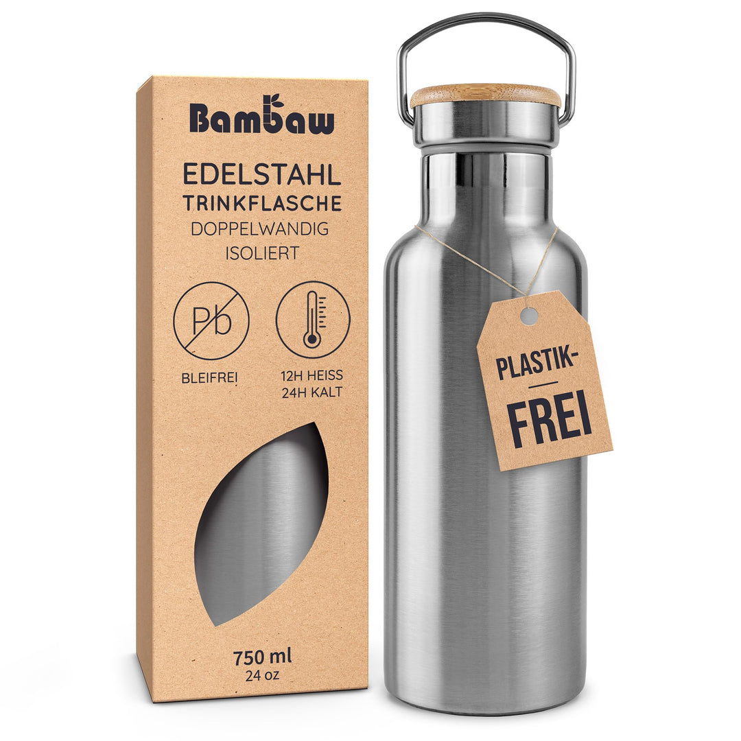 Bambaw Edelstahl Trinkflasche 750 ml | Isolierte Thermosflasche für Sport, Büro, Schule, Outdoor | A