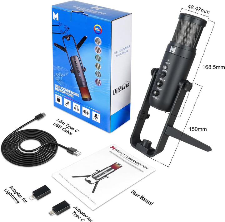 USB Mikrofon PC, Gaming Mikrofon für Streaming Podcast Voiceover, USB C Kondensator Mikrofon mit RGB