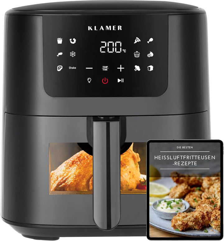 KLAMER Heissluftfritteuse 5l XL, Heissluftfritteuse mit Sichtfenster & Schüttel-Erinnerung, Ölfreier