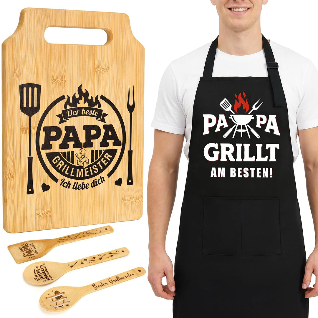 Papa Geschenk Set - Graviertes Bambus Schneidebrett Mit Personalisiertes Schürze und 3 Holzlöffel, B