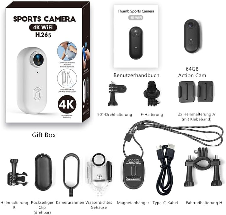 Action Cam - 4K 64GB Bodycam mit Wasserdicht 30m, Freihand-POVs, APP-Videoclip, Magnetisch, 120° Wei