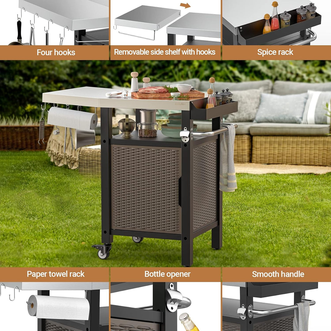 onlyfire Grilltisch Outdoor, Grillwagen mit Abklappbare Seitenablagen, Outdoor Servierwagen mit Roll