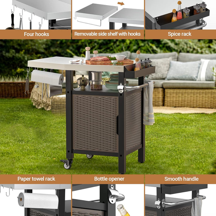 onlyfire Grilltisch Outdoor, Grillwagen mit Abklappbare Seitenablagen, Outdoor Servierwagen mit Roll