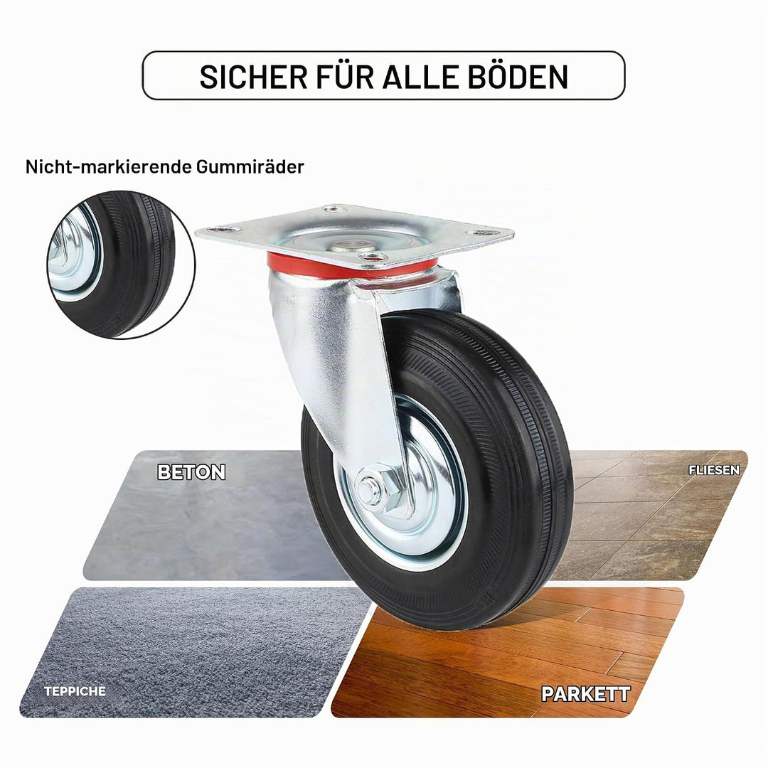 Schwerlastrollen 125mm mit Bremse, 4 Stück Transportrollen Lenkrollen bis 400kg, Gummi Möbelrollen 3