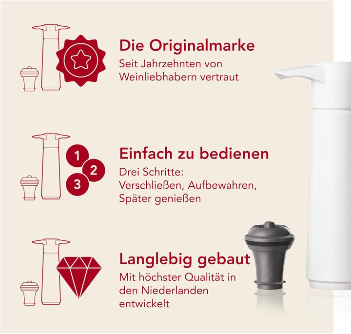 Vacu Vin Original Weinpumpe Weiss mit 2 Vakuumstopfen – Weisses Wein Konservierer-Set – Handpumpe zu
