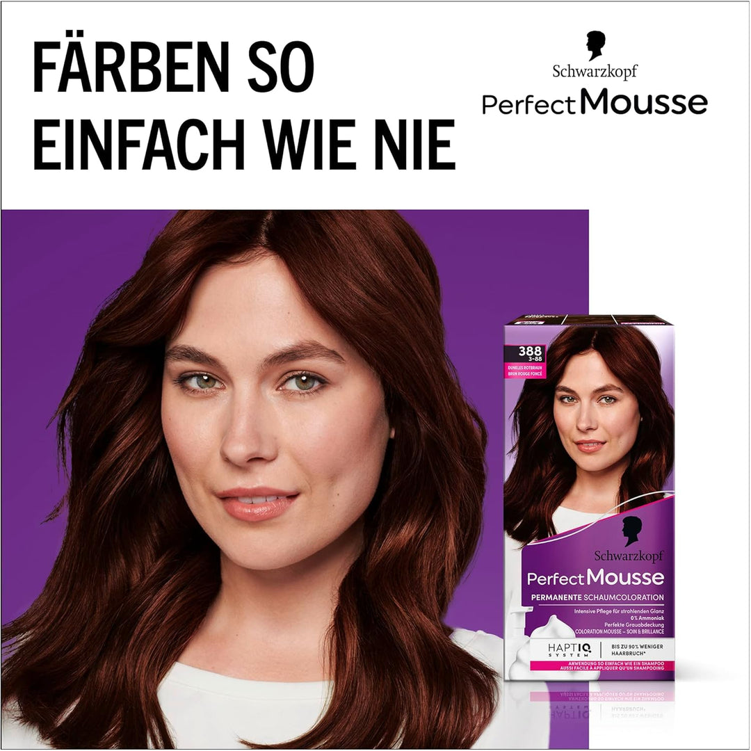 Schwarzkopf Perfect Mousse Permanente Schaumcoloration 388/3-88 Dunkles Rotbraun (3x93 ml), Haarfarb