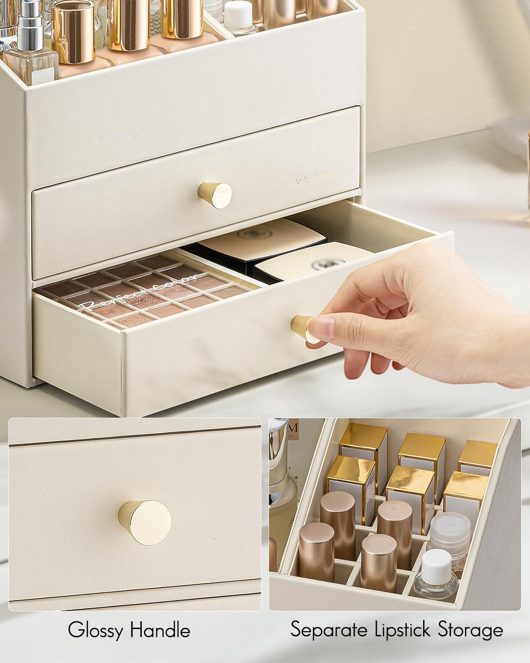Vlando Make up Organizer mit 3 Schubladen, Schminktisch Organizer, Kosmetik Organizer, Schmink Organ
