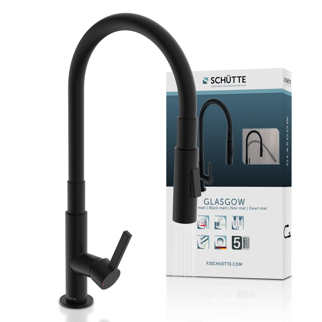SCHÜTTE GLASGOW Schwarz Flexible Spültischarmatur mit Eco-Click-Funktion, biegsamer Wasserhahn für d