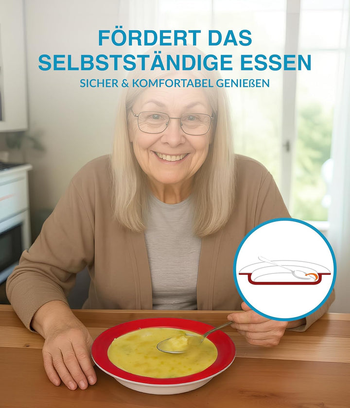 unisonoPLUS Suppenteller Porzellan Rot 22 cm – Spezialteller mit Schiebekante, rutschfest, spülmasch