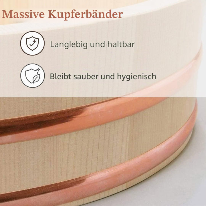 TIKUSAN Hangiri Sushi-Reis-Mischwanne aus Holz, Kupferband, hergestellt in Japan, aus Sawara-Zypress