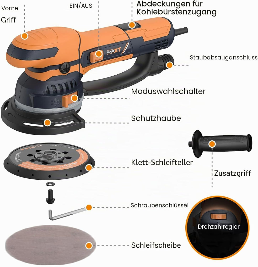 MAXXT 800W Dual-Modus Exzenterschleifer: Grob- &amp; Feinschliff-Umschaltung | Hocheffiziente Staubabsau